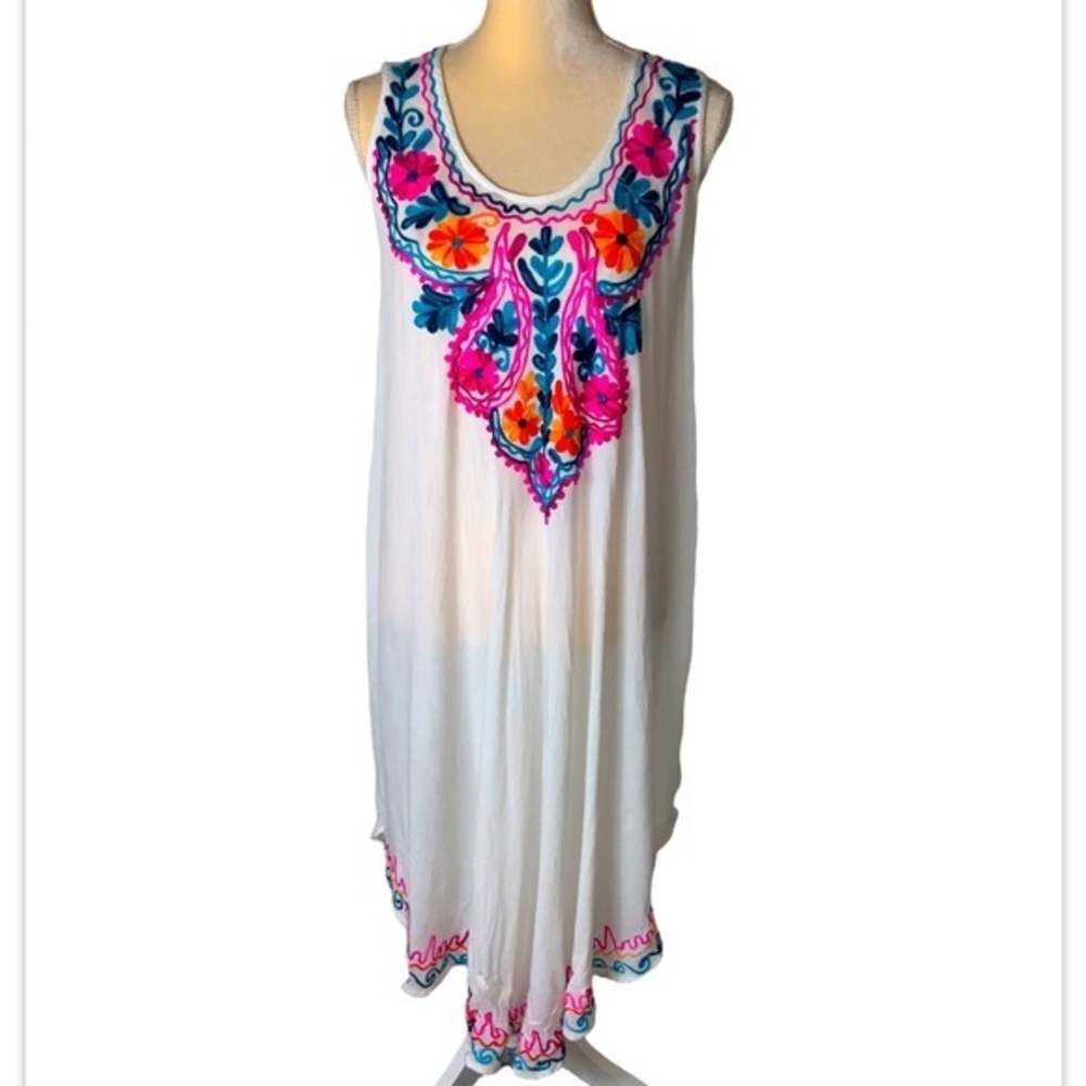 Star India Floral Embroidered White Long Beach Cover-Up Dress Size XLarge